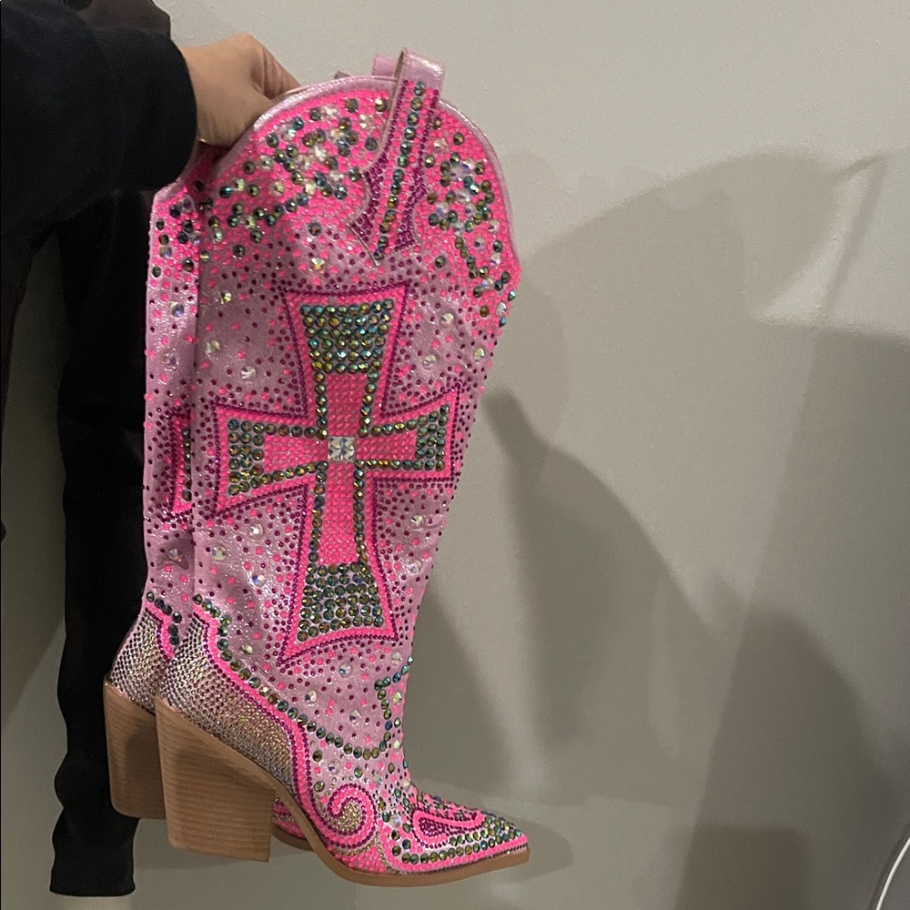 Pink Rhinestone Embellished Women's Boots - Picture 4 of 6